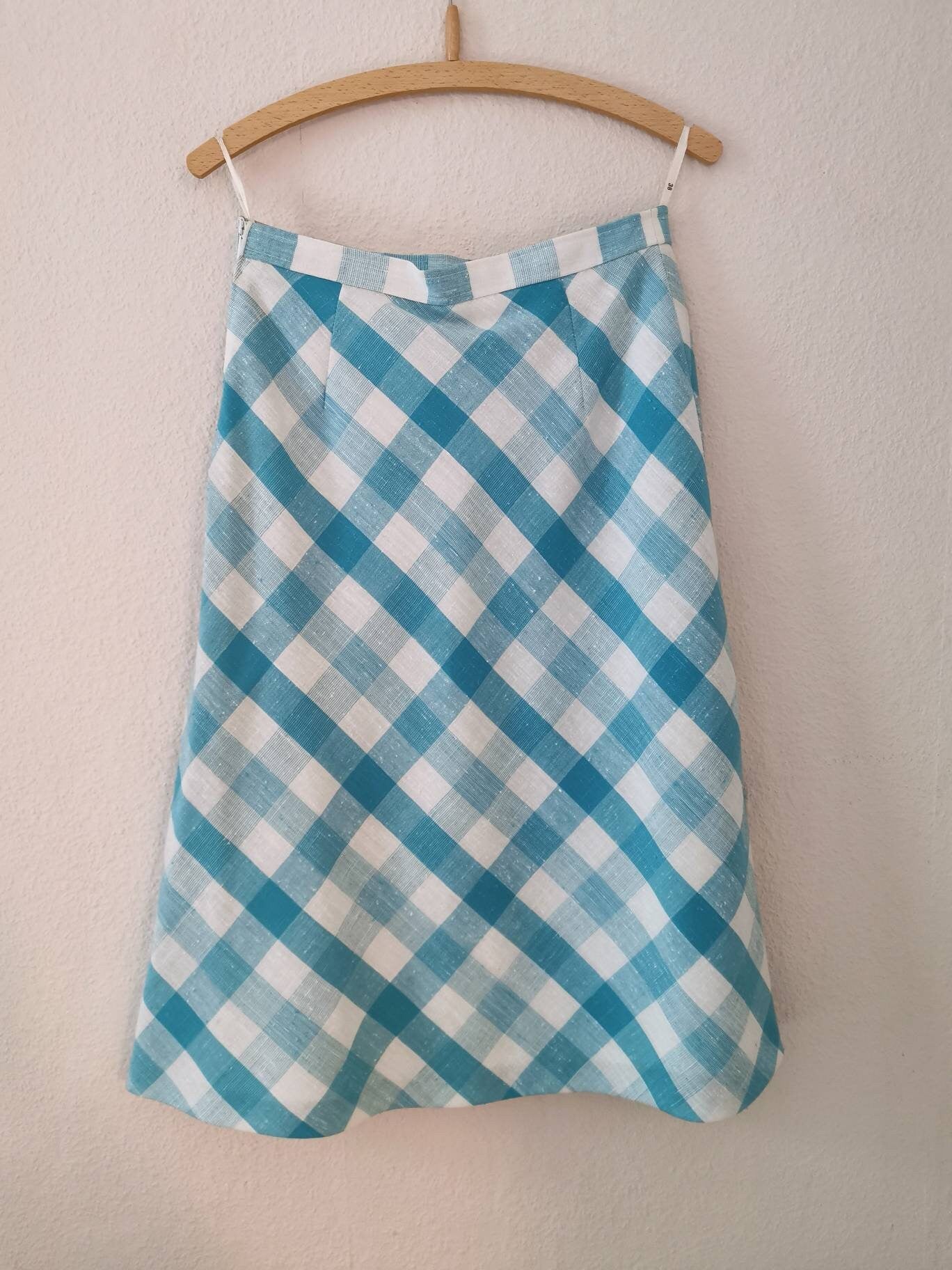 Vintage skirt, 1980's linen cotton chequered a-line skirt, light blue white, Size S | US 6 | UK 8 | EU 36