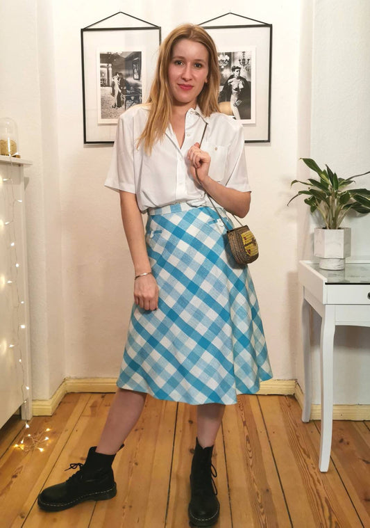 Vintage skirt, 1980's linen cotton chequered a-line skirt, light blue white, Size S | US 6 | UK 8 | EU 36