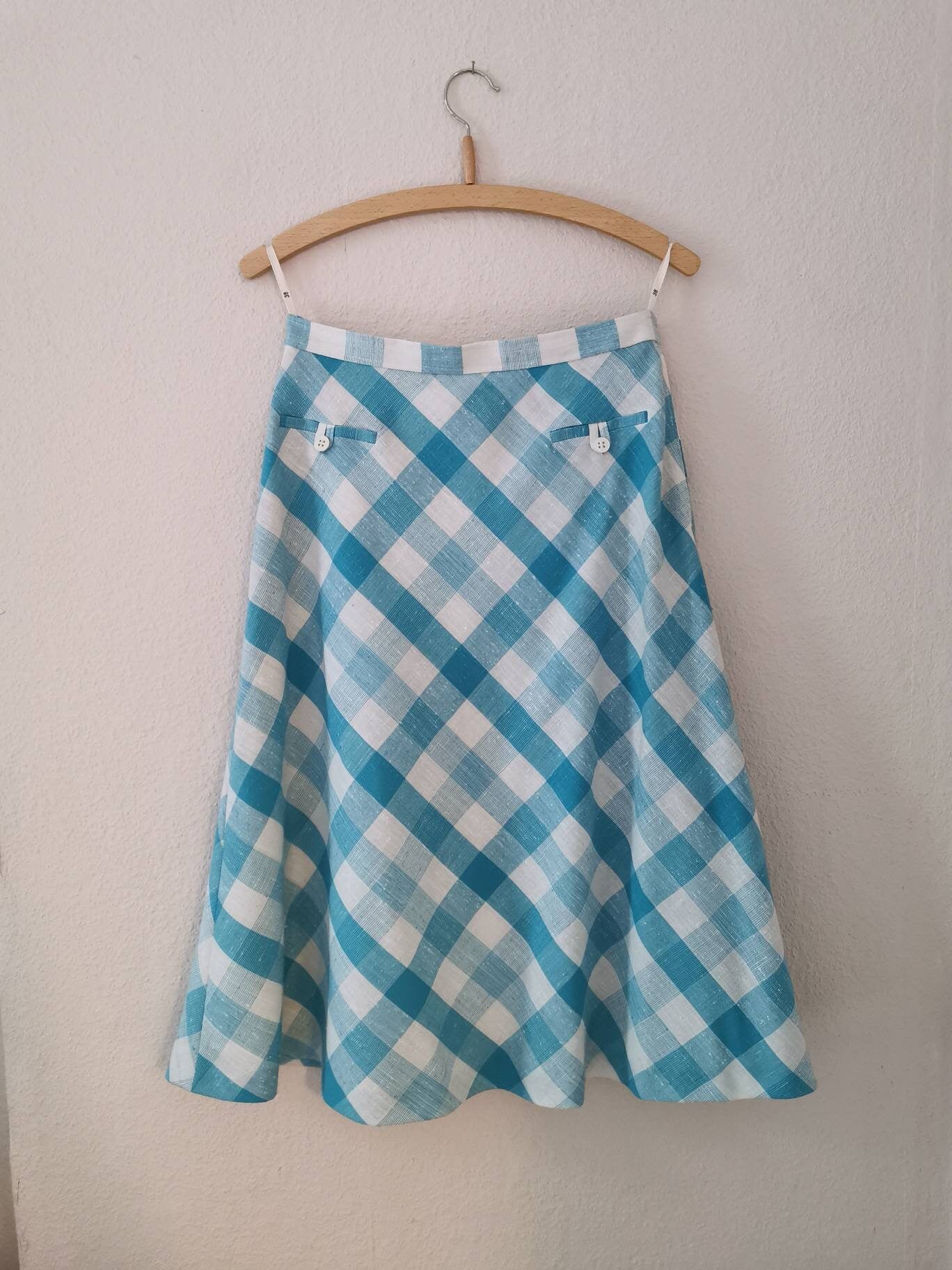 Vintage skirt, 1980's linen cotton chequered a-line skirt, light blue white, Size S | US 6 | UK 8 | EU 36