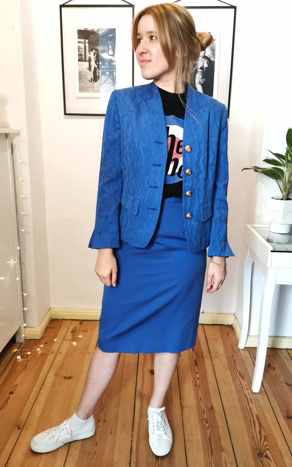 Vintage Set, 1980's cotton blazer and pencil skirt set in vibrant blue, Size S-M | US 4-6 | UK 8-10 | EU 36-38