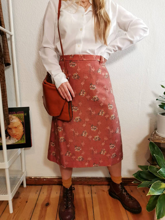 Vintage skirt, 1980's wool orange A-line skirt autumn flower design hippie boho fashion Size S-M | US 4-6 | UK 8-10 | EU 36-38