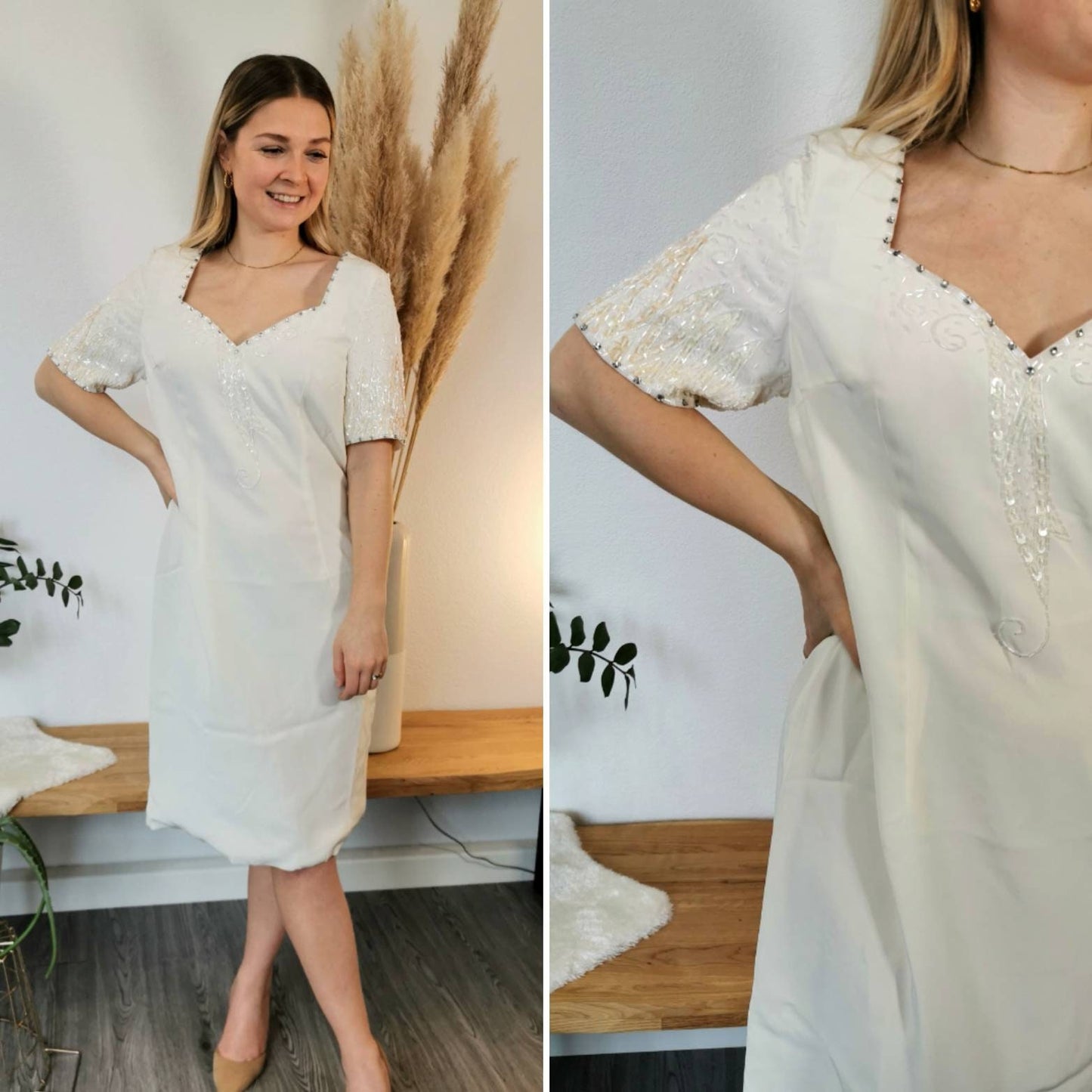 Vintage dress, 1980's beaded pearl midi dress, beaded dress, white dress, dress with pearls, vintage wedding dress M | US 10 | UK 12 | EU 38