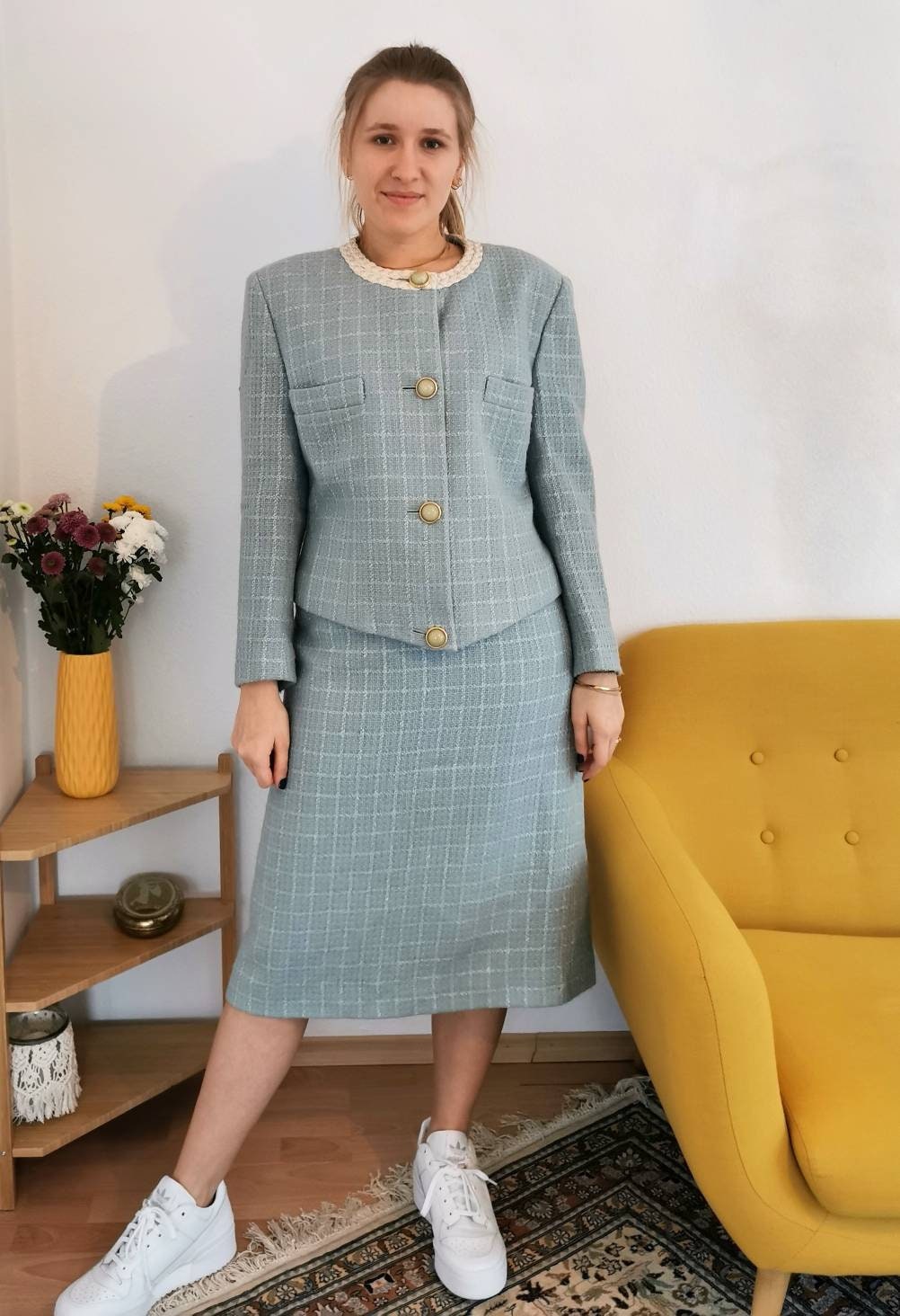 Vintage Set, 1970s wool handmade blazer and skirt vintage dress set, light blue big buttons M | US 10 | | UK 12 | EU 38