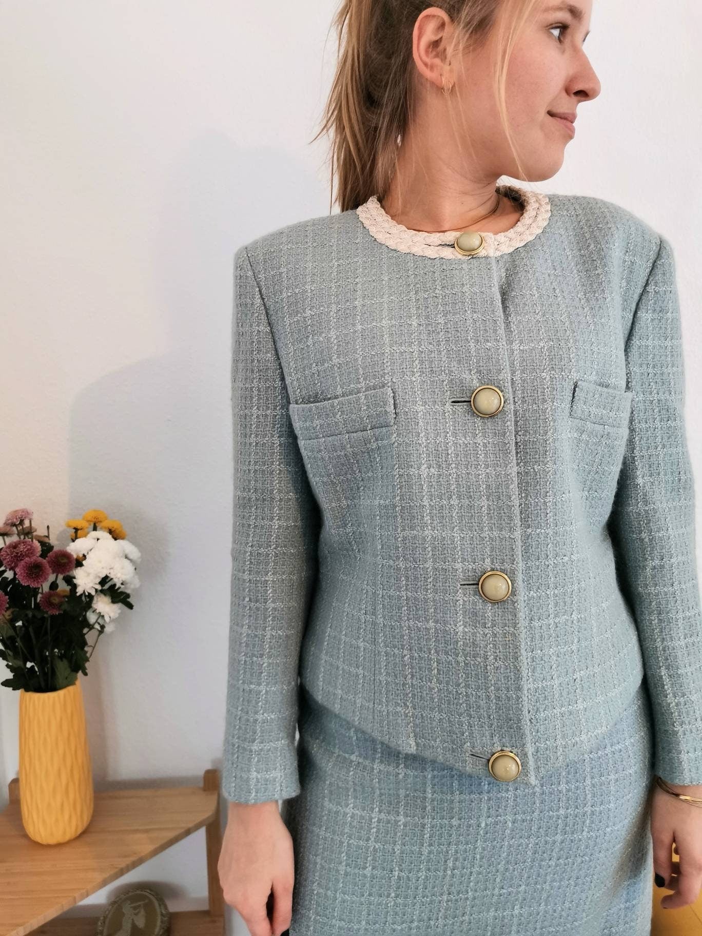 Vintage Set, 1970s wool handmade blazer and skirt vintage dress set, light blue big buttons M | US 10 | | UK 12 | EU 38