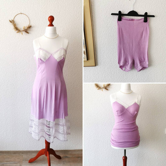 Vintage Set, 1970's three piece night gown purple lace undergarments shape wear rockabilly pin-up lingerie S| US 8 | UK 10 | EU 36