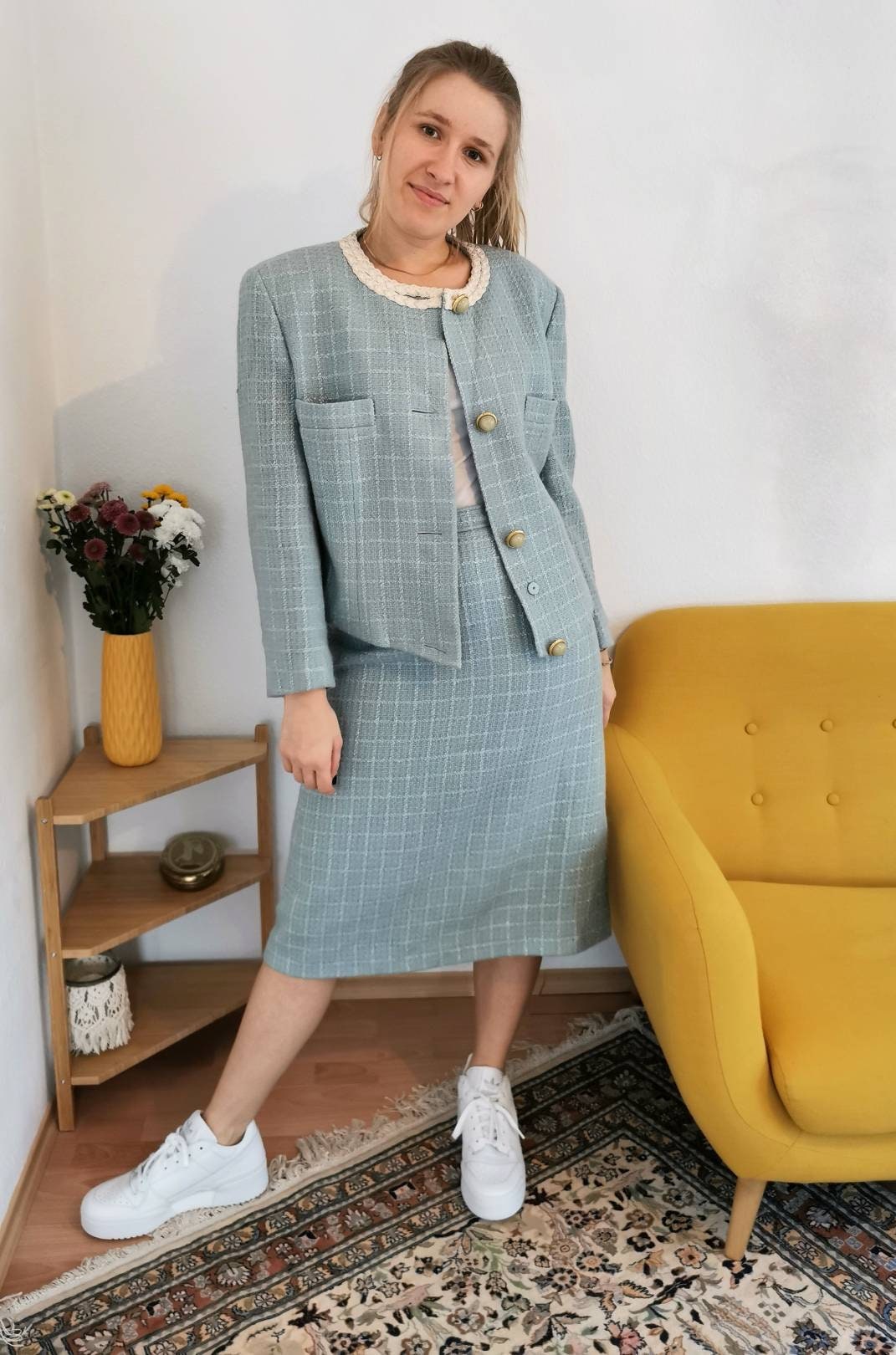 Vintage Set, 1970s wool handmade blazer and skirt vintage dress set, light blue big buttons M | US 10 | | UK 12 | EU 38