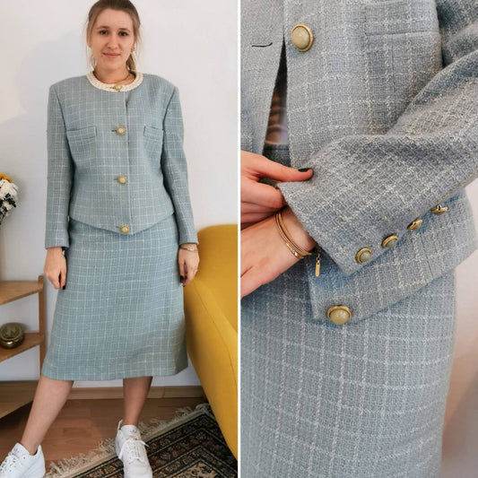 Vintage Set, 1970s wool handmade blazer and skirt vintage dress set, light blue big buttons M | US 10 | | UK 12 | EU 38