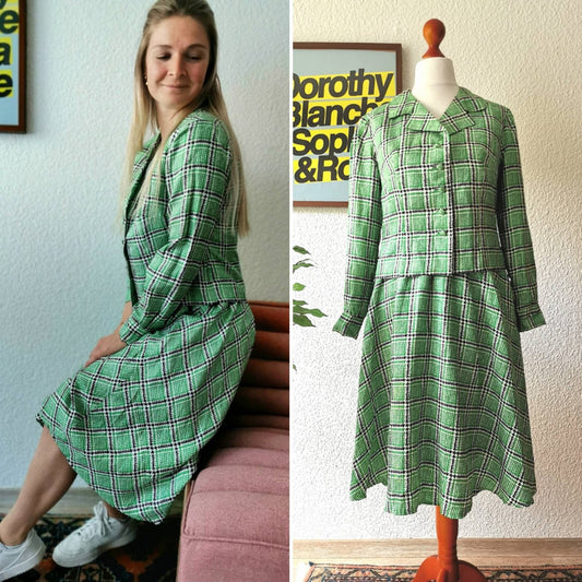 Vintage Set, 1970er Jahre handgemachte karierte Bluse und Rock, grün, ahnungslos Style, Größe M | US 8 | UK 10 | EU 38