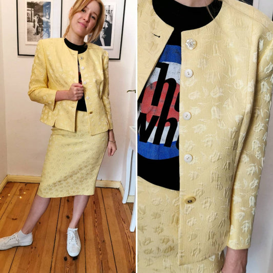 Vintage Set, 1980's Deadstock Basler Rock und Blazer Set mit Tulpen, Seide und Baumwolle, weiches Gelb Gr. M | US 6-8 | UK 10-12 | 38-40