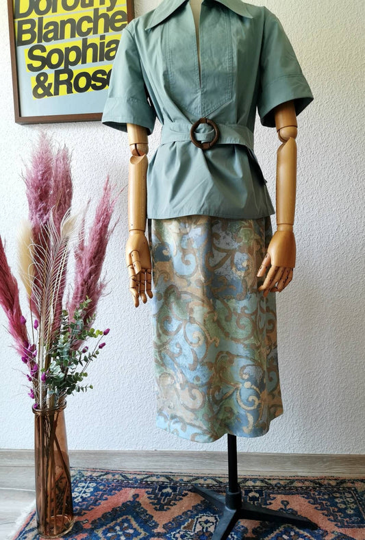 Vintage skirt, 1980's wool soft paisley pencil skirt light blue green brown size S-M | US 4-6 | UK 8-10 | EU 36-38