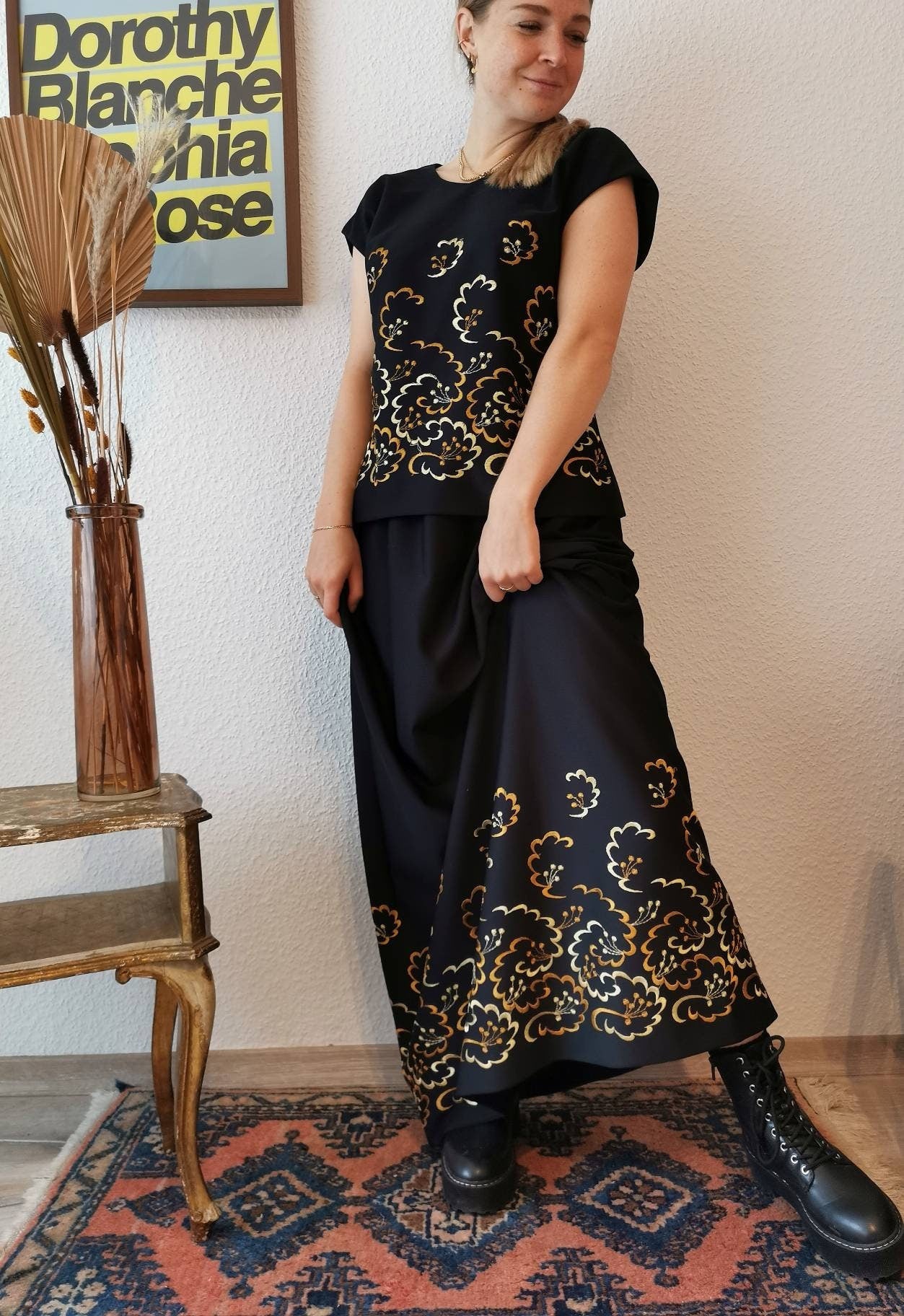 Vintage Set, 1970's handmade top and maxi skirt evening gown, black bronze gold, Hippie dress, Size M-L | US 6-8 | UK 10-12 | EU 38-40