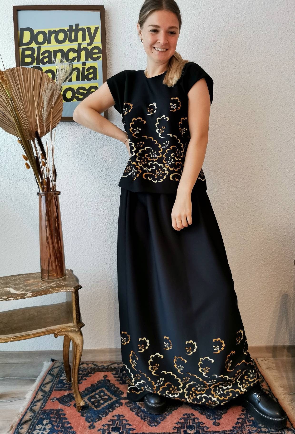 Vintage Set, 1970's handmade top and maxi skirt evening gown, black bronze gold, Hippie dress, Size M-L | US 6-8 | UK 10-12 | EU 38-40