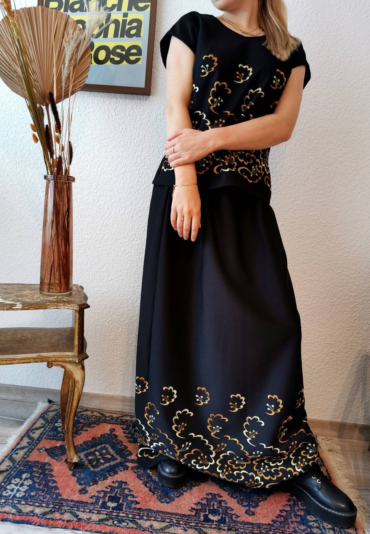 Vintage Set, 1970's handmade top and maxi skirt evening gown, black bronze gold, Hippie dress, Size M-L | US 6-8 | UK 10-12 | EU 38-40