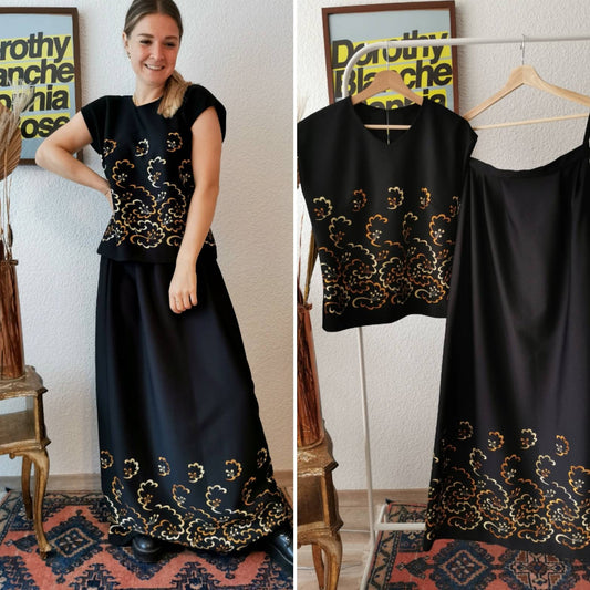 Vintage Set, 1970's handmade top and maxi skirt evening gown, black bronze gold, Hippie dress, Size M-L | US 6-8 | UK 10-12 | EU 38-40