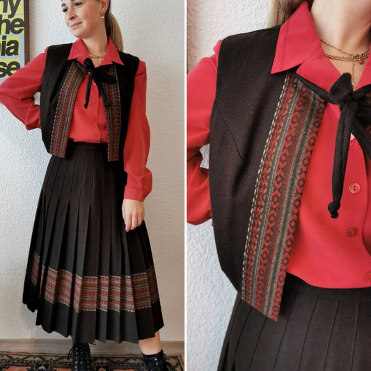 Vintage Set, 1970's wool vest and plaid skirt folklore co-ord, brown red, winter autumn outfit, Size S | US 4 | UK 8 | EU 36