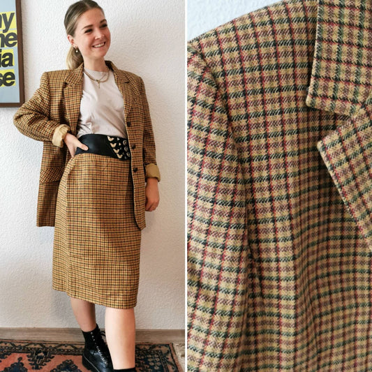 Vintage Set, 1980's chequered Hensel & Mortensen co-ord costume women's suit blazer and skirt yellow, Size M | US 6-8 | UK 10-12 | 38-40