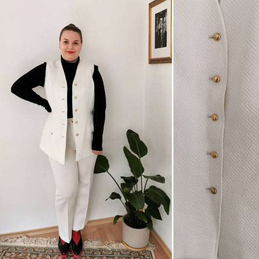 Vintage suit, 1970's 1960's white geometric flared pants and waistcoat, mod style, size l-xl | US 8-12 | UK 14-16 | EU 40-44