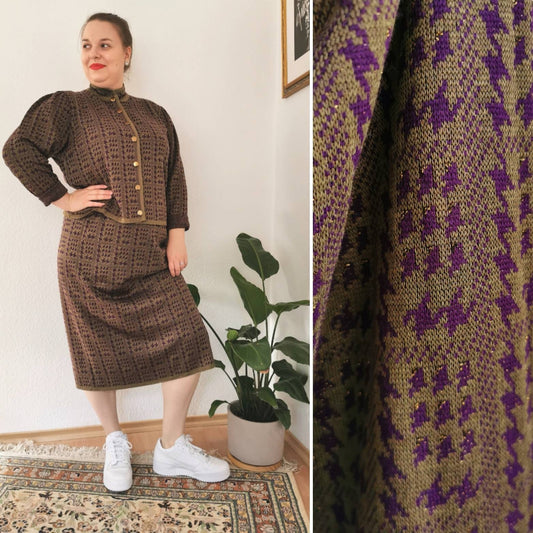 Vintage Set, 1980's houndstooth purple and olive wool co-ord combination, Size xl-xxl | US 14-18 | UK 18-22 | EU 46-50