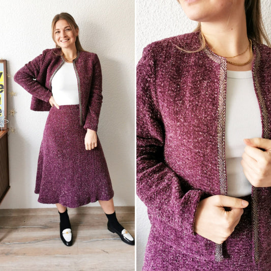 Vintage Set, 1980's Vera Mont purple glitter Winter Blazer and skirt combination, co-ord, size s | US 4 | UK 8 | EU 36