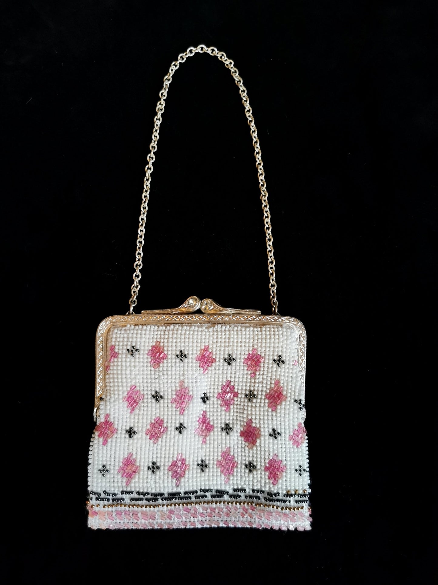 Vintage purse, 1960s beaded flower rhinestone evening hand bag, pink white