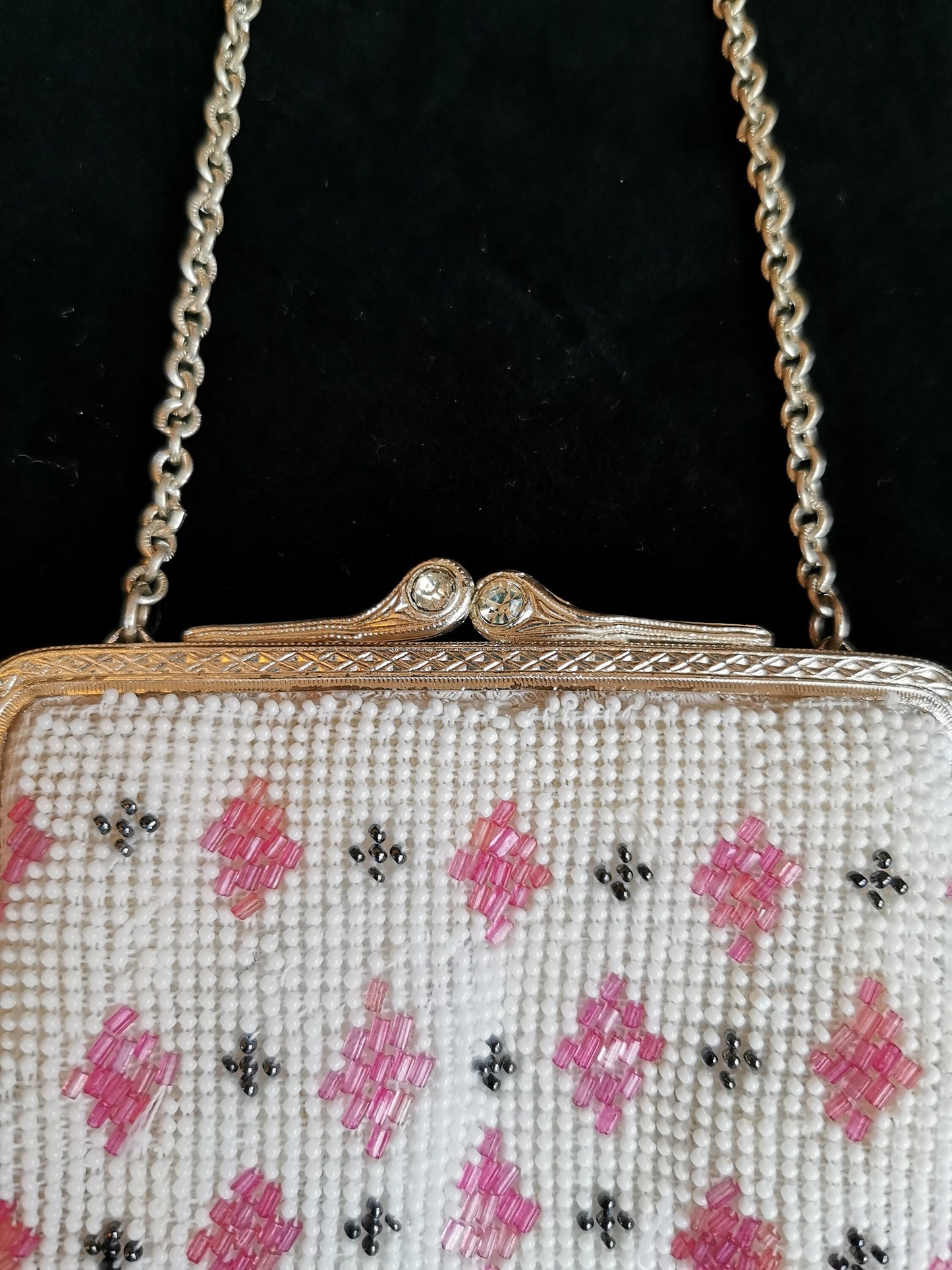 Vintage purse, 1960s beaded flower rhinestone evening hand bag, pink white