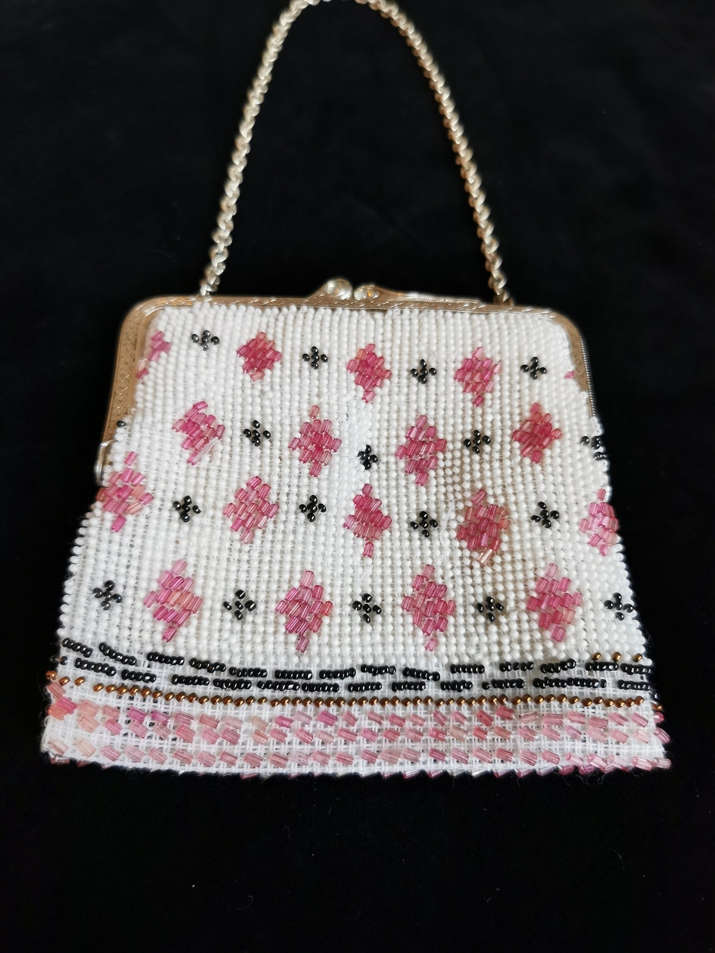 Vintage purse, 1960s beaded flower rhinestone evening hand bag, pink white