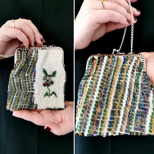 Vintage purse, 1970s beaded handmade handbag flower colorful evenening purse