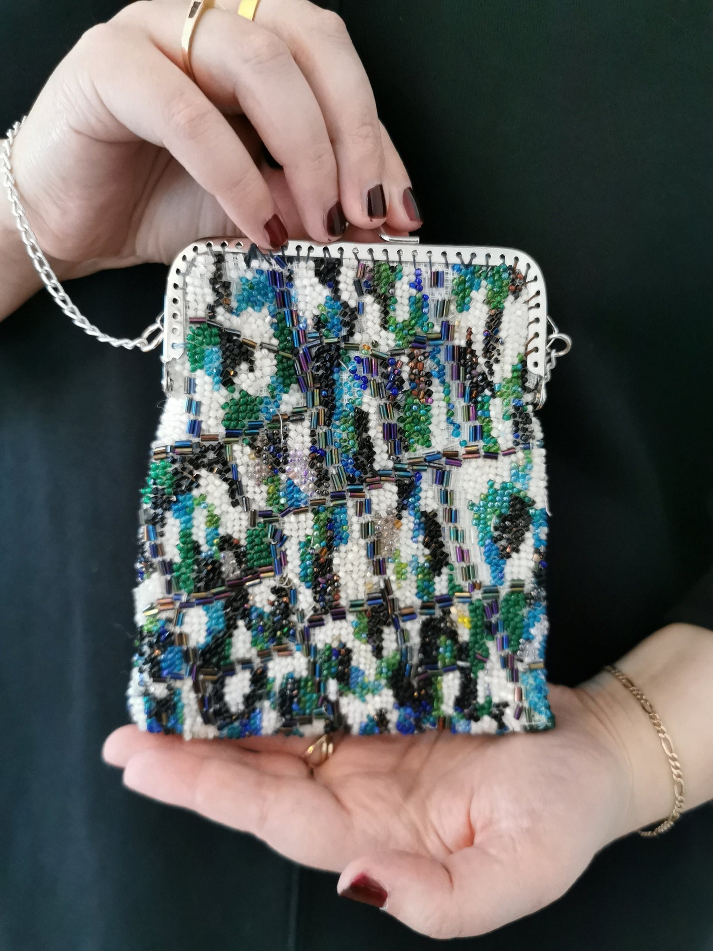 Vintage purse, 1970s beaded handmade handbag abstract design, blue turquoise green evening purse