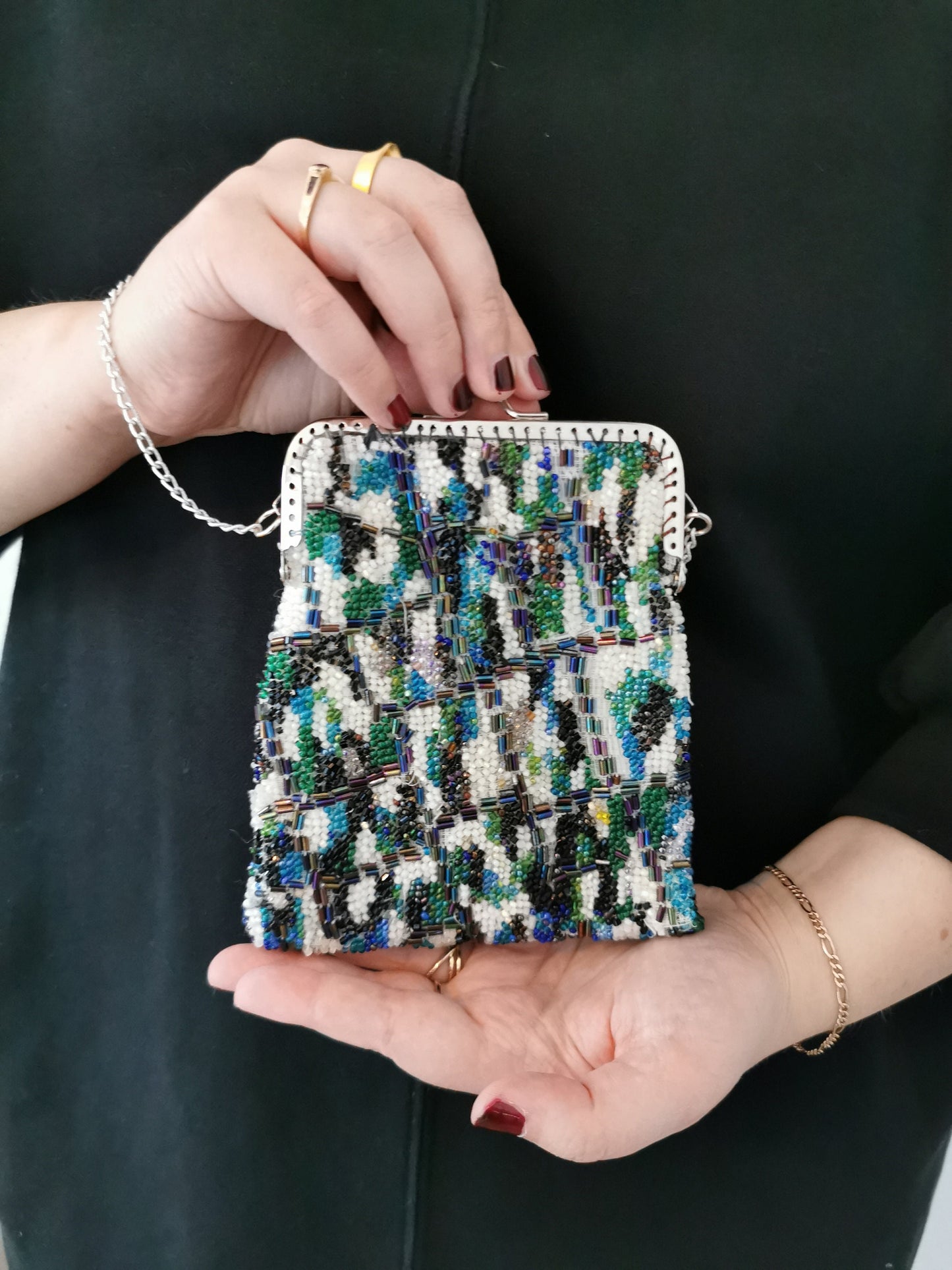 Vintage purse, 1970s beaded handmade handbag abstract design, blue turquoise green evening purse