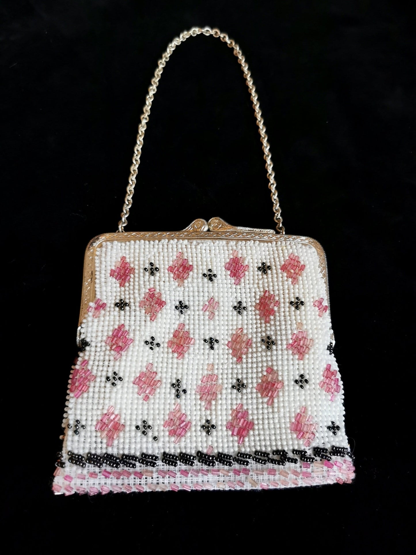 Vintage purse, 1960s beaded flower rhinestone evening hand bag, pink white