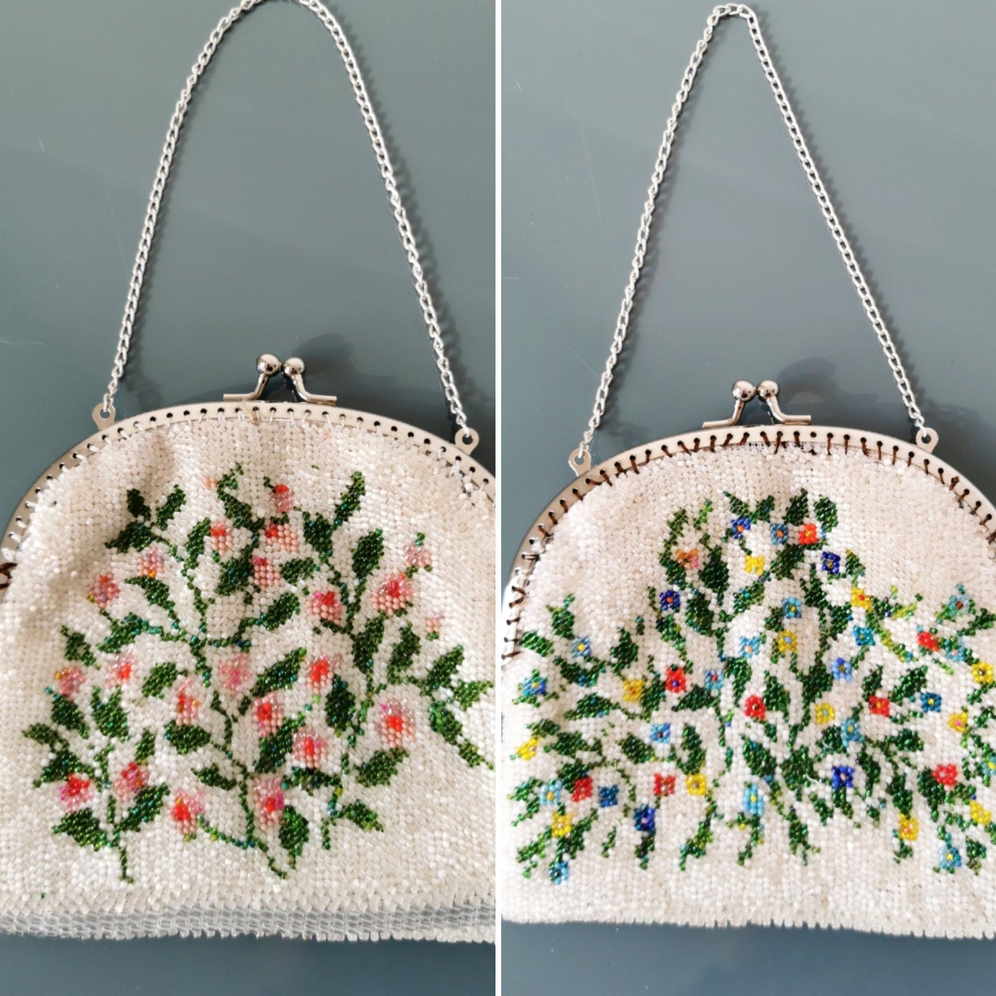 Vintage purse, 1960s 1970s handmade beaded flower bag, handbag, rockabilly, pin-up