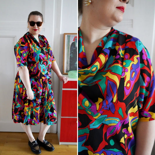 Vintage Set, 1980's Gina Bacconi blouse and skirt two-piece, colorful, rainbow, Size xl-xxl | US 12-14 | UK 16-18 | EU 44-46