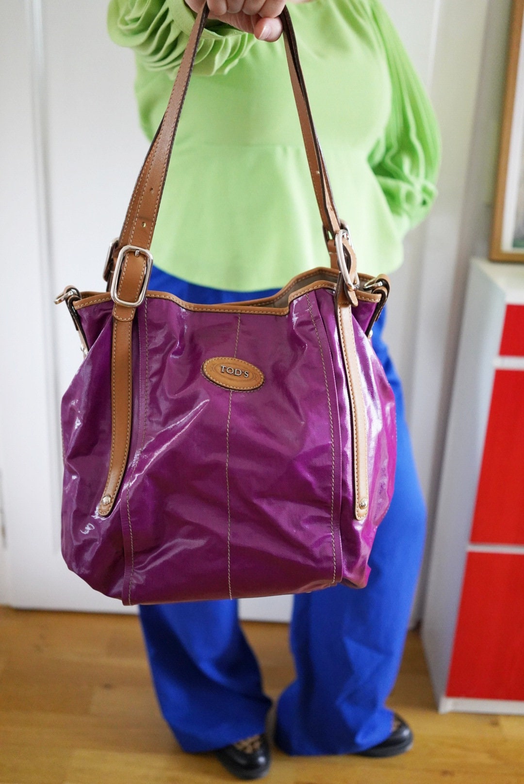 Vintage Tod's bag, 2000s purple gloss shopper, leather, designerbag, y2k