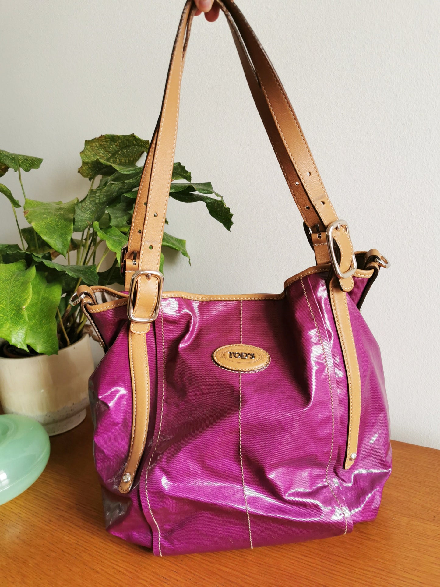 Vintage Tod's bag, 2000s purple gloss shopper, leather, designerbag, y2k