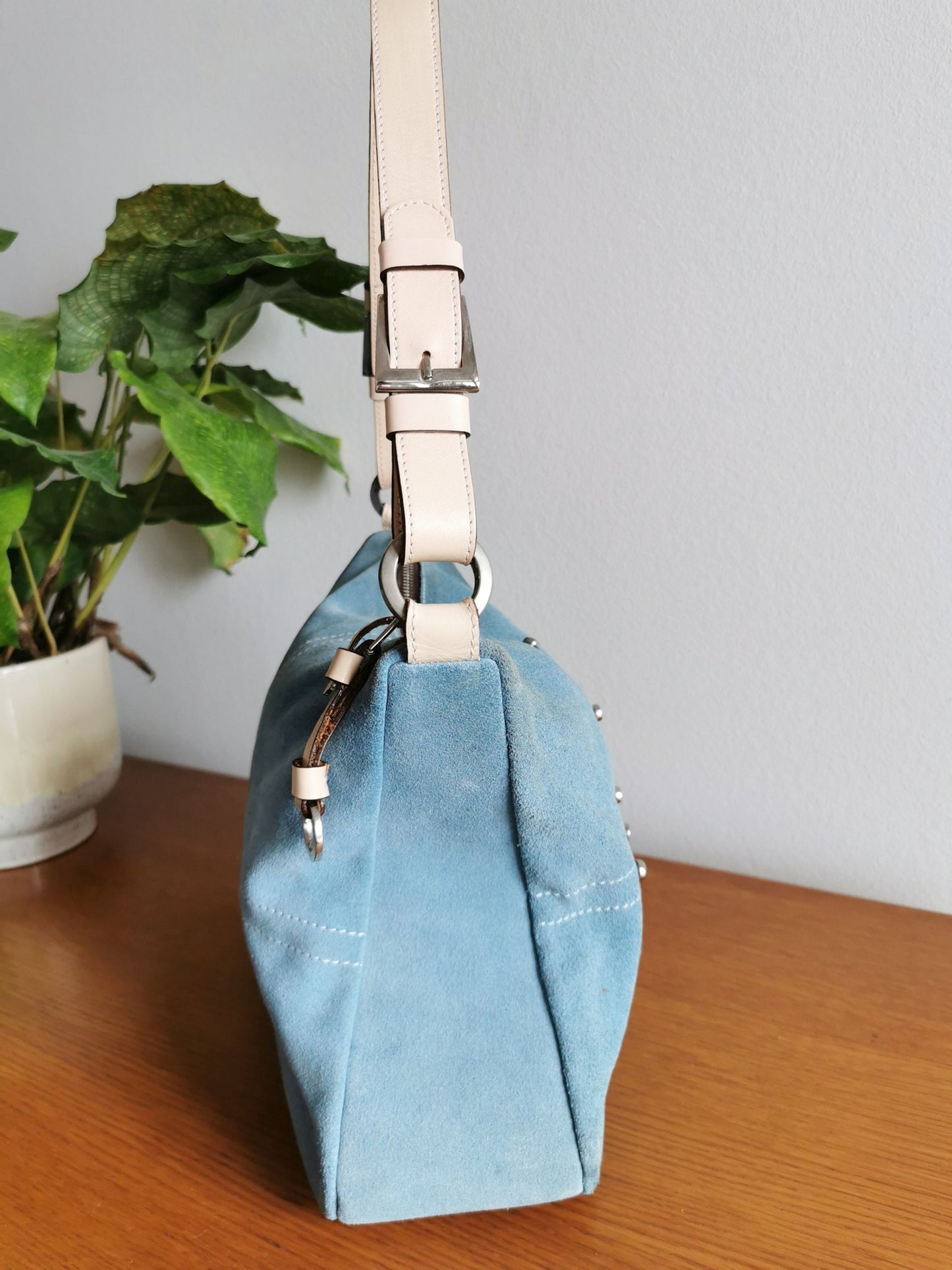 Vintage Tod's bag, 2000s light blue leather stud, y2k