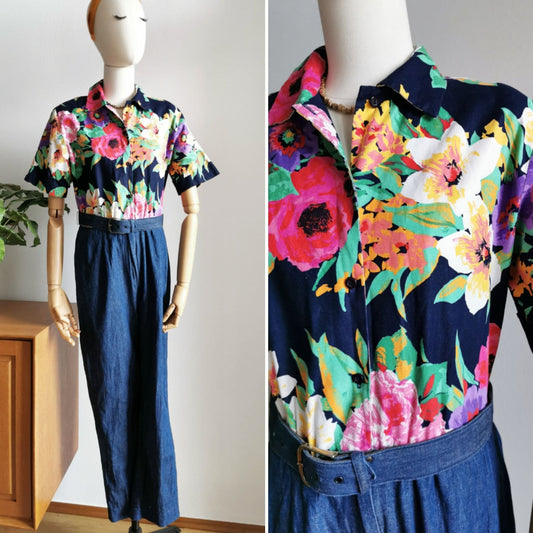 Vintage jumpsuit, 1990's jeans overall, flowers, Petrina, Size S | US 4 | UK 8 | EU 36