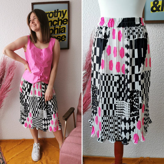 Vintage skirt, 1980's Gina Bacconi abstract neon pink plaid midi summer skirt, Size M-L | US 6-8 | UK 10-12 | EU 38-40