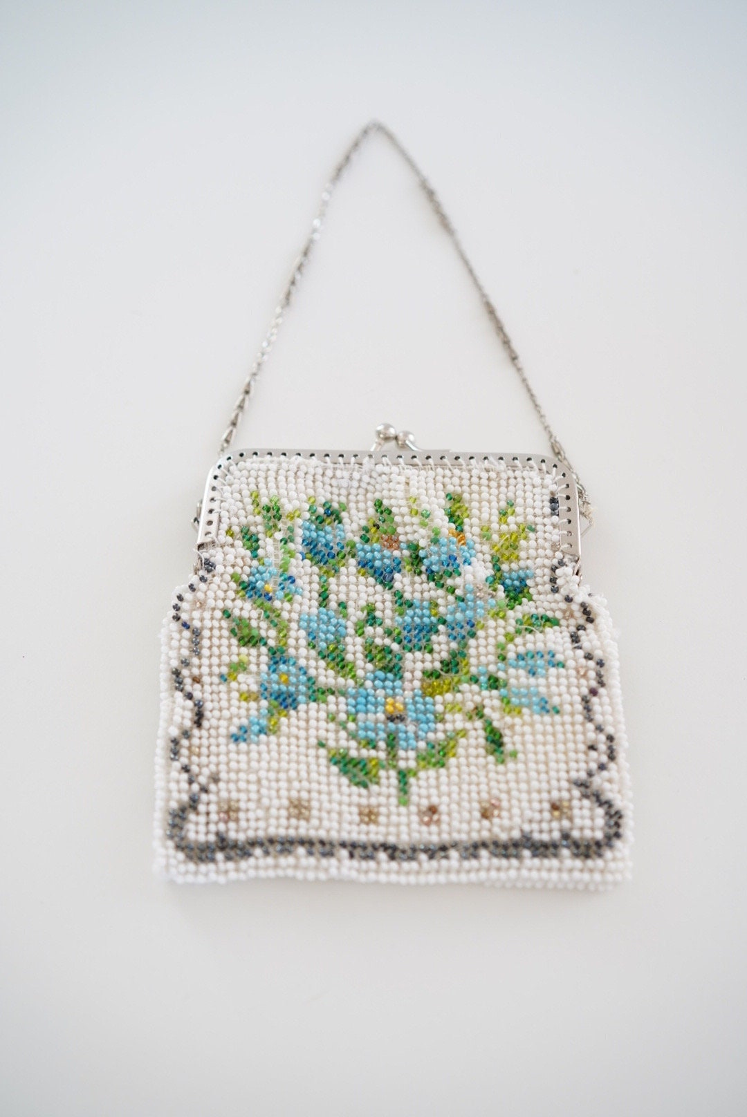 Vintage purse, 1970s handmade beaded handbag with blue flowers, rockabilly, pin-up, hippie, boho, vintage accessories