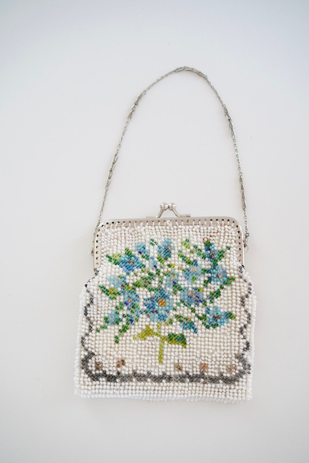 Vintage purse, 1970s handmade beaded handbag with blue flowers, rockabilly, pin-up, hippie, boho, vintage accessories