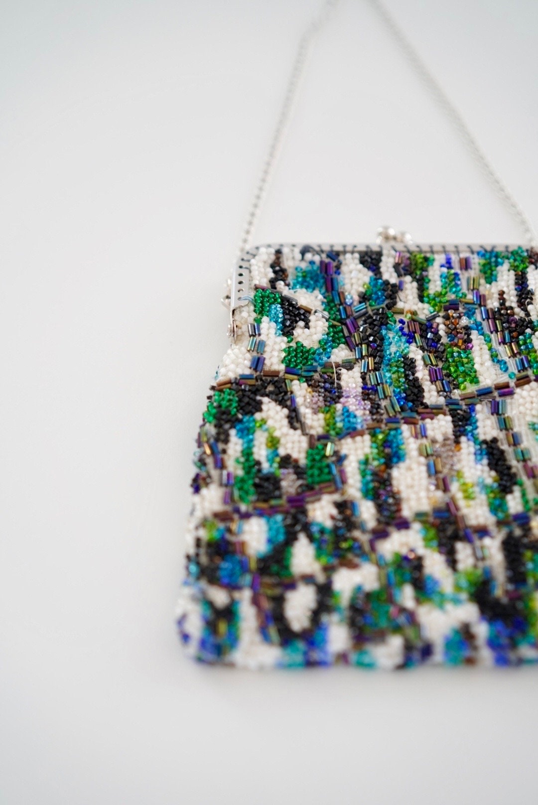 Vintage purse, 1970s beaded handmade handbag abstract design, blue turquoise green evening purse