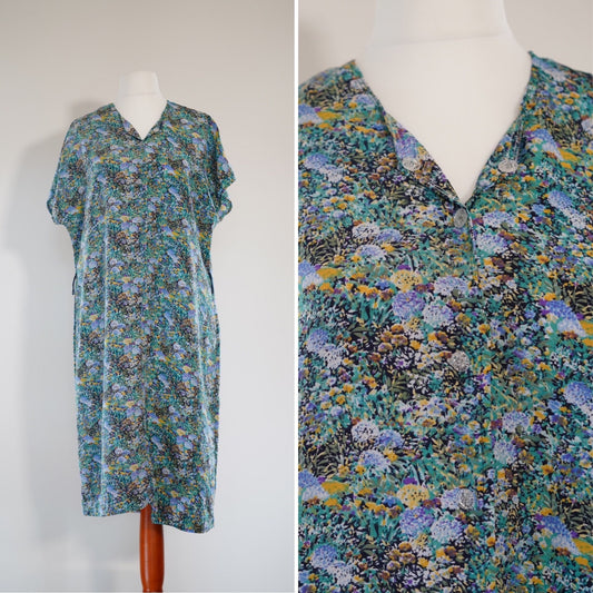 xxl-3xl | Vintage dress 1970s plussize flower vintage midi summer dress Glas buttons, size US 12-14 | UK 16-18 | EU 44-46