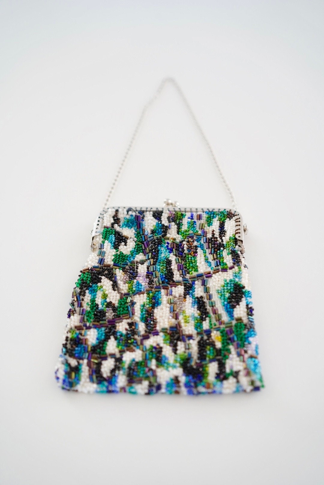 Vintage purse, 1970s beaded handmade handbag abstract design, blue turquoise green evening purse