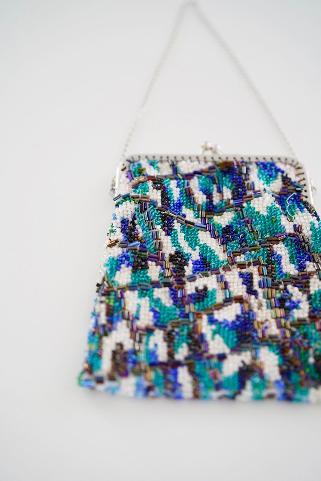 Vintage purse, 1970s beaded handmade handbag abstract design, blue turquoise green evening purse