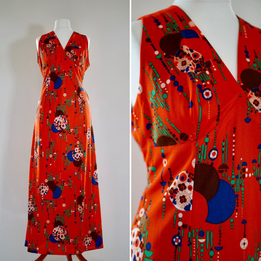 xl-xxl | Vintage dress 1960s abstract maxi plus-size prom party red flower dress size US 10-12 | UK 14-16 | EU 44-46