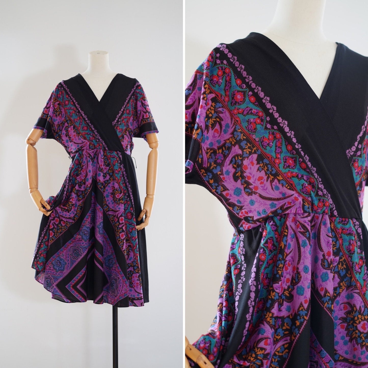 xl-xxl | Vintage dress 1970s psychedelic plus-size summer midi v-neck dress by Shubette of London, size US 12-16 | UK 14-18 | EU 42-46