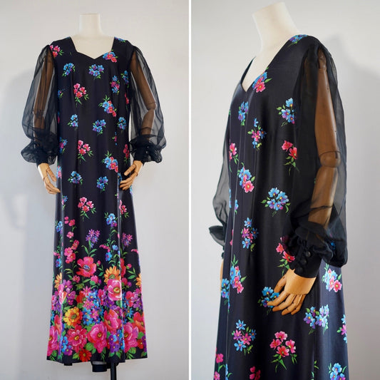 xxl-3xl | Vintage dress 1970s plus-size floral maxi prom party hippie dress, transparent sleeves, Size xxl US 12-14 | UK 16-18 | EU 44-46