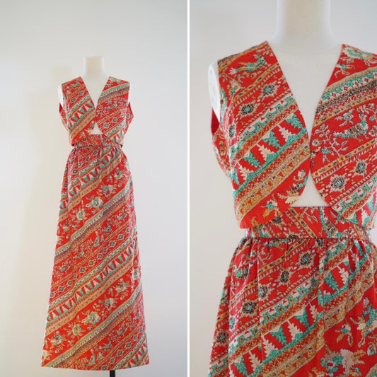 XS-S | Vintage 1970s Vera Mont Two-Piece Set, Vintage Ethnic Print Maxi Skirt and Top Vest, Bohemian Red Summer Set